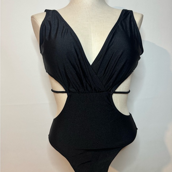 Swimsuit one piece black open middle with gold detail NWT Medium - Picture 3 of 6